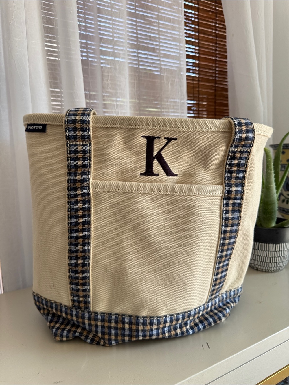Lands' End Cream Canvas Duffel with Blue Plaid Trim - Monogram K